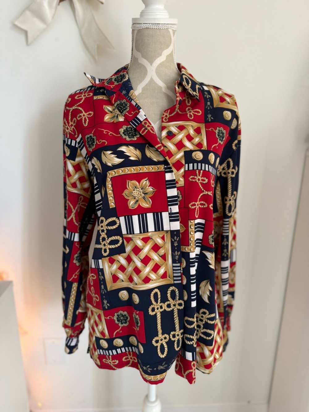 Baroque-Inspired Red & Navy Button-Up Blouse